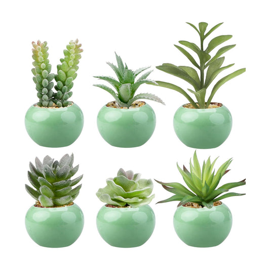 Small Artificial Succulent Plants Bulk in Ceramic Pots / Green-ceramic Light Green Pot / Set of 6