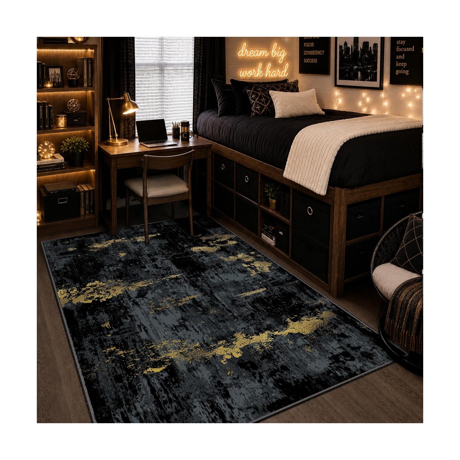 RELEANY Washable 4'x6' Abstract Area Rug for Living Room Black Gold