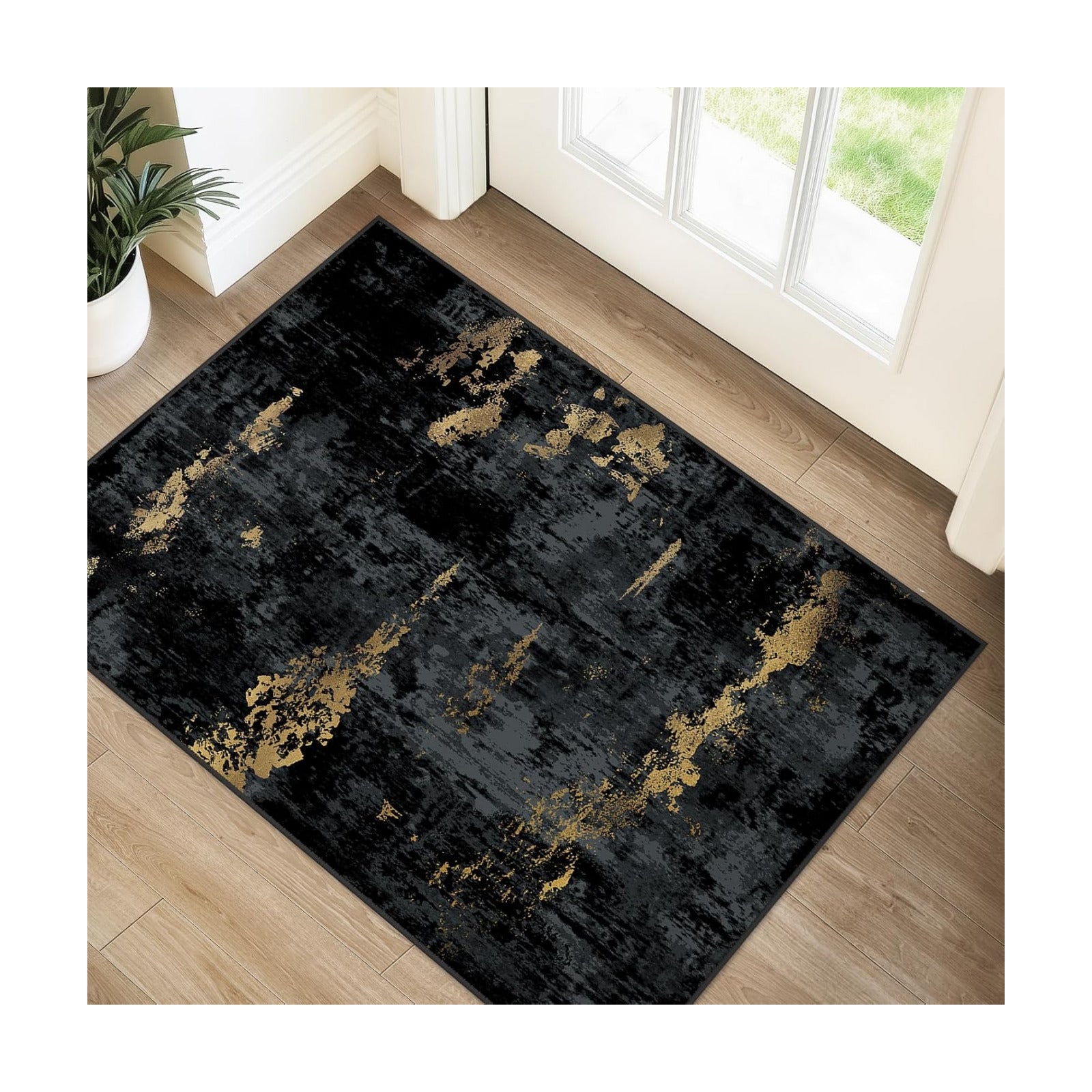 RELEANY Washable 2'x3' Abstract Area Rug for Living Room Black Gold