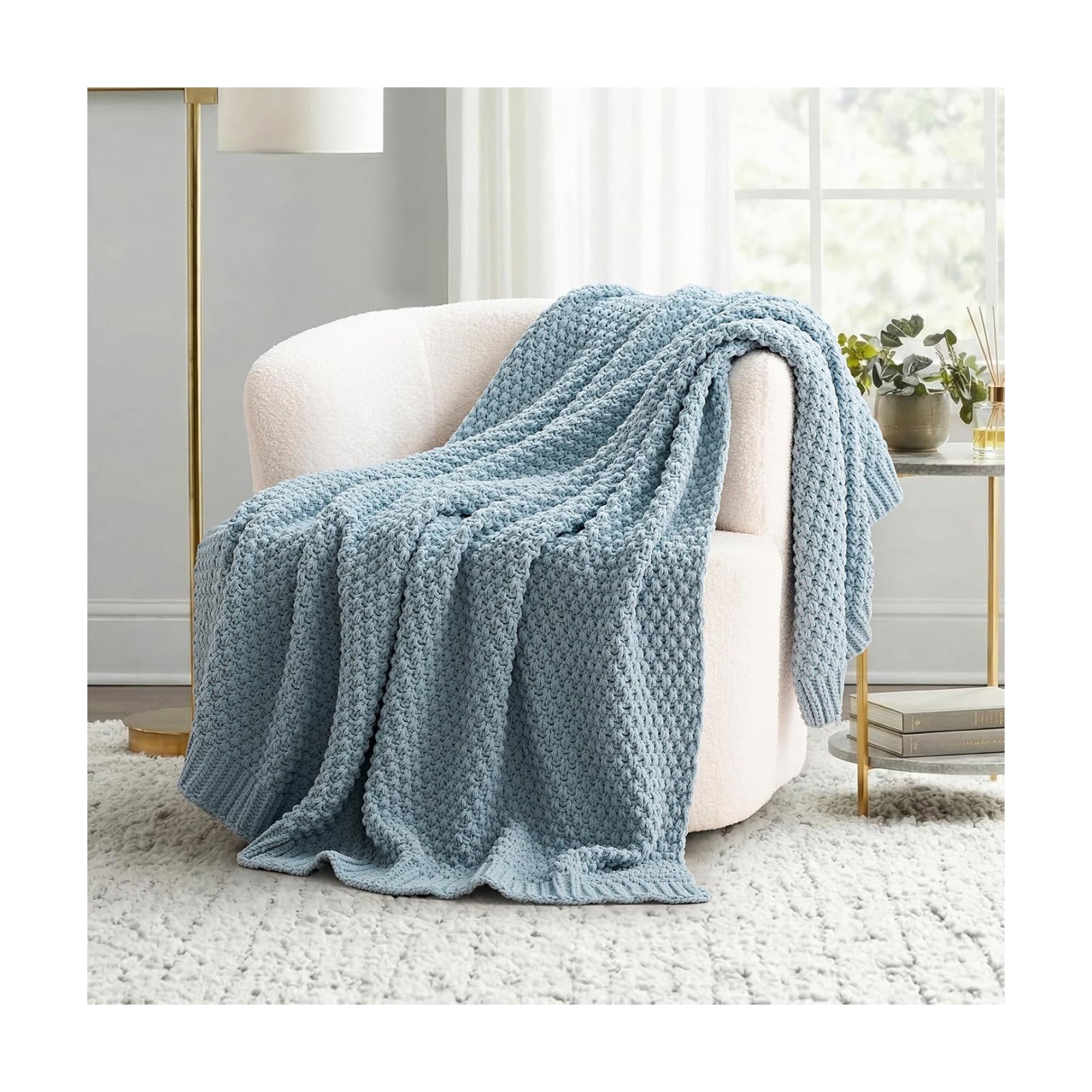 EVERGRACEHOME Chunky Chenille Knit Throw Blanket, 60 x 80, Chambray Blue