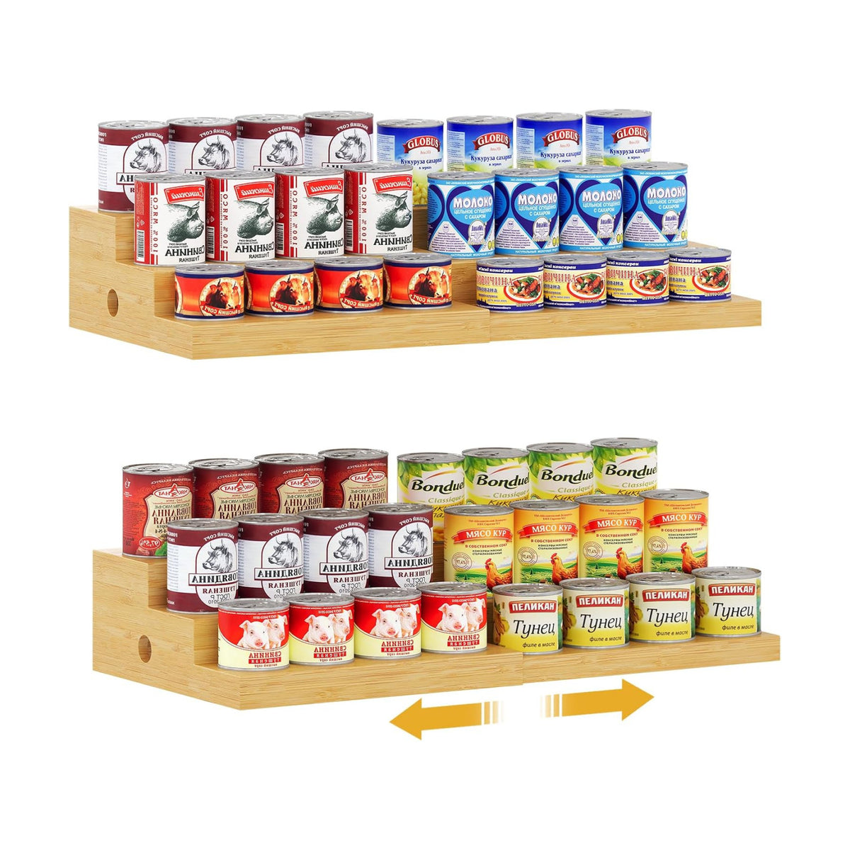 2-Pack Expandable Bamboo Can Organizer for Pantry Display, Holds 48 Cans | 3-Tier Adjustable Can Storage Holder, Soda &