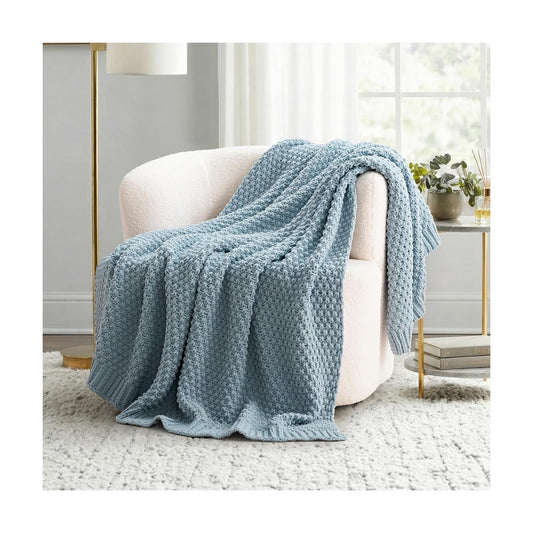 EVERGRACEHOME Chunky Chenille Knit Throw Blanket, 50 x 60, Chambray Blue