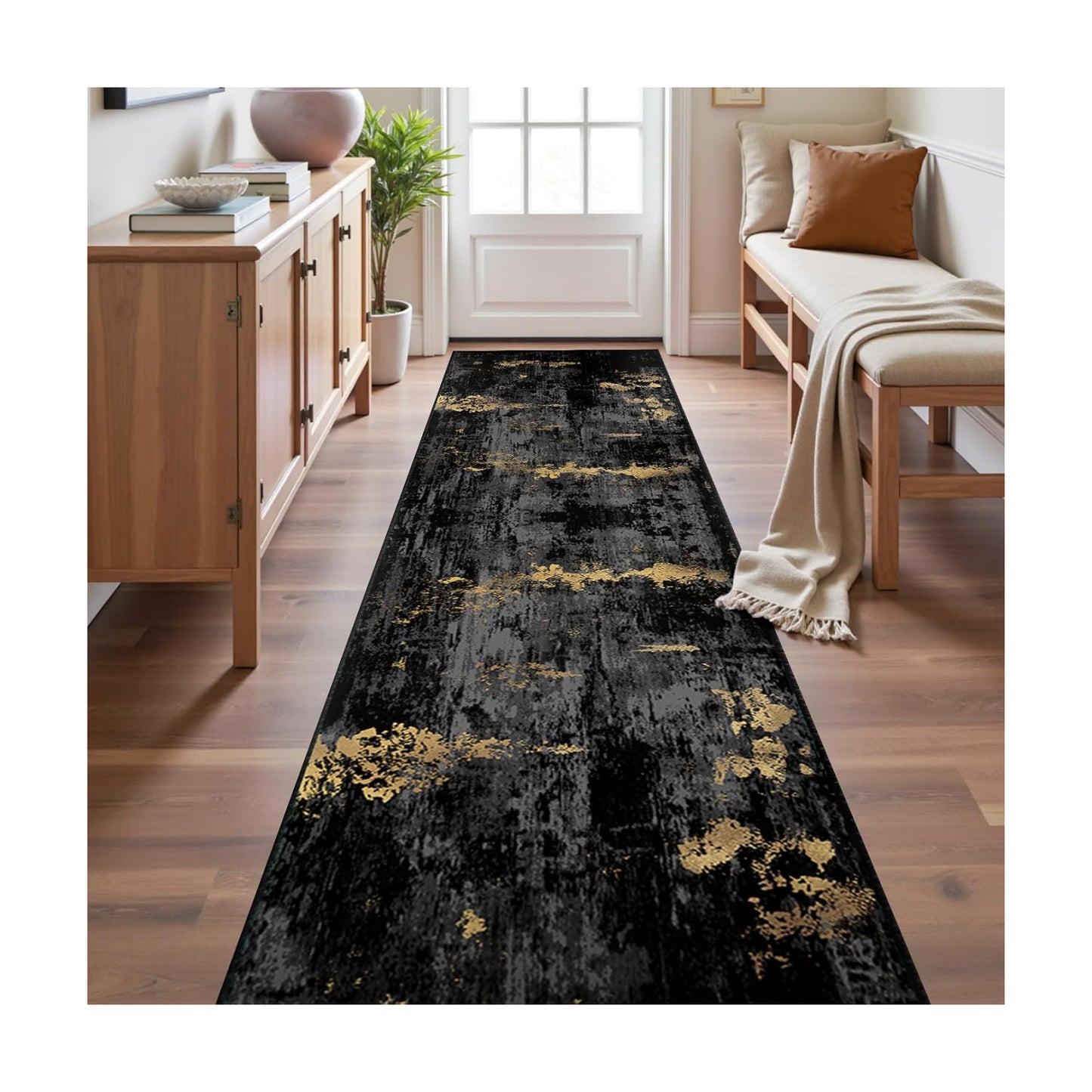 RELEANY Washable Runner 2'x10' Abstract Area Rug for Hallway Black Gold