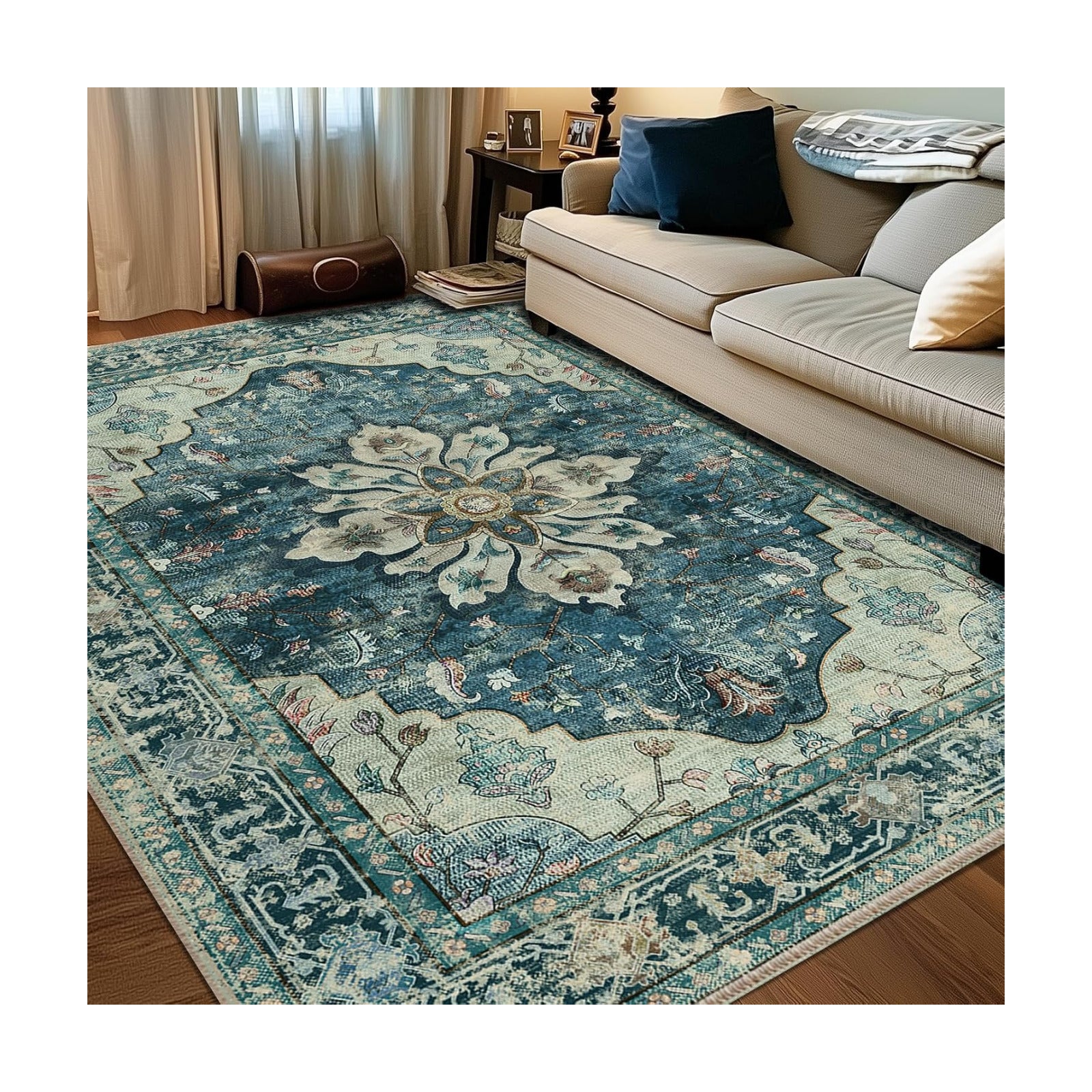 RELEANY Washable Area Rug, 6'x8', Blue/Vintage Dark Blue