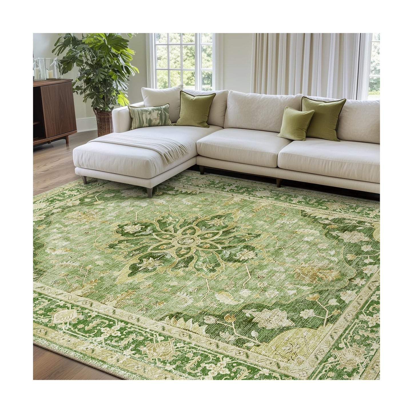RELEANY Washable Area Rug, 7'x9', Green/Yellow