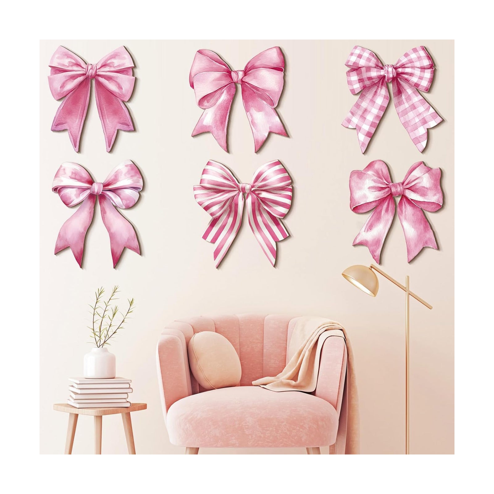Bow Wall Decor Wooden Bow Wall Art Bowknot Hanging Plaque Signs / Elegant / Pink / Set of 6