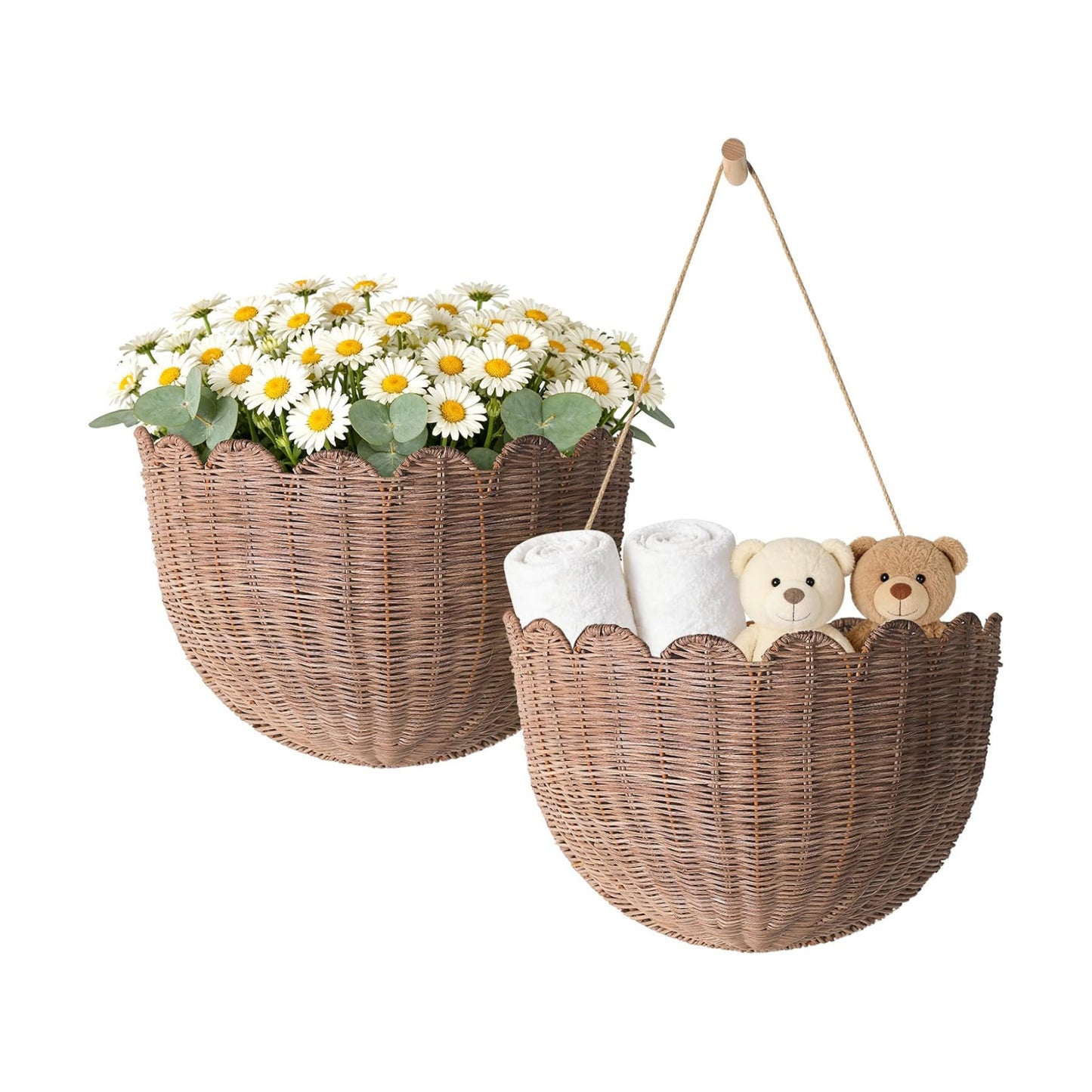 Natural Handwoven Scalloped Wall Basket / Honey Brown / Set of 2