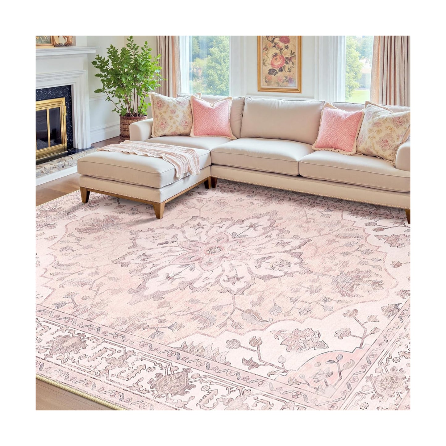 RELEANY Washable Area Rug, 7'x9', Pink