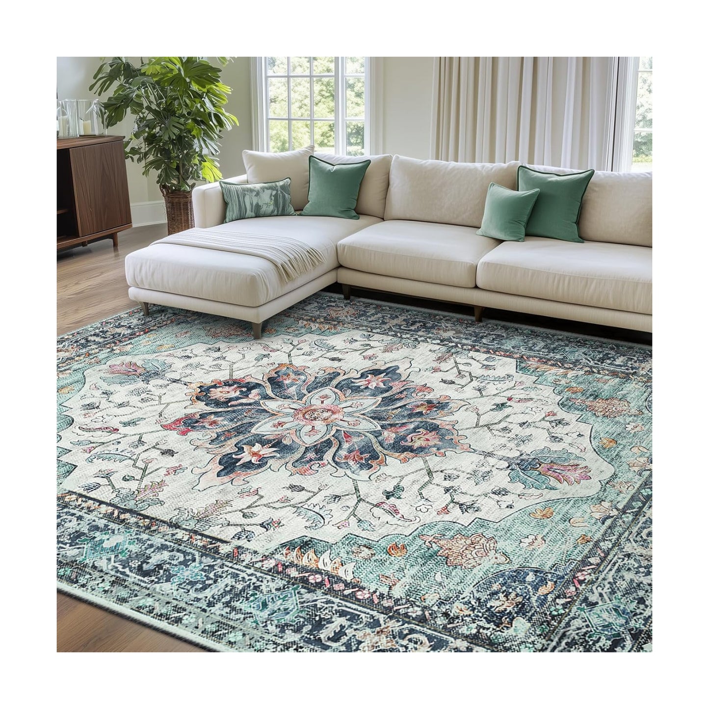 RELEANY Washable Area Rug, 7'x9', Teal Green/White/Navy