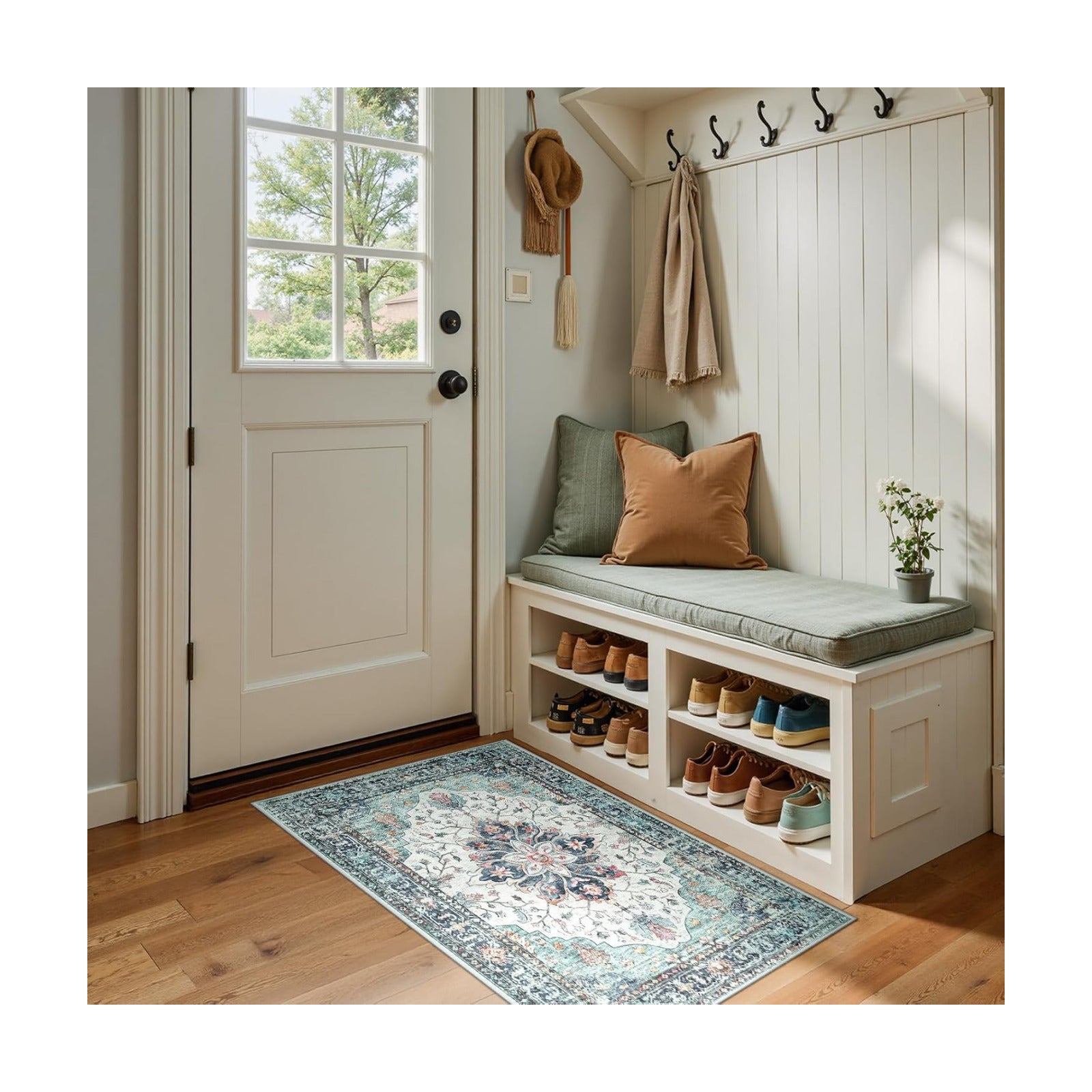 RELEANY Washable Area Rug, Small 2'x4', Teal Green/White/Navy