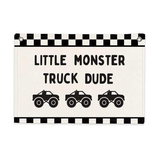 Car Themed Room Decor Canvas Banner Wall Decor / Little Monster Truck Dude / Black