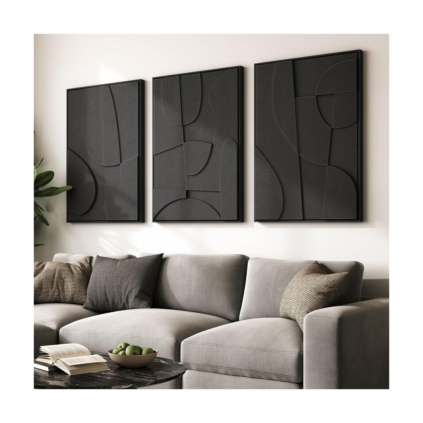 Large 3D Textured Modern Black Abstract Wall Art for Living Room, 3 Piece