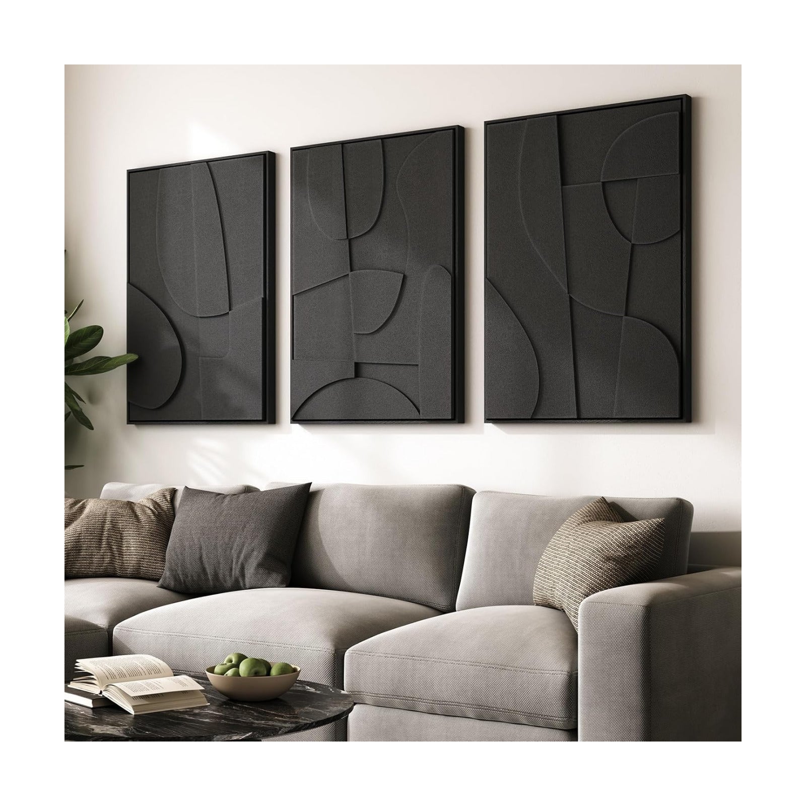 Large 3D Textured Modern Black Abstract Wall Art for Living Room, 3 Piece