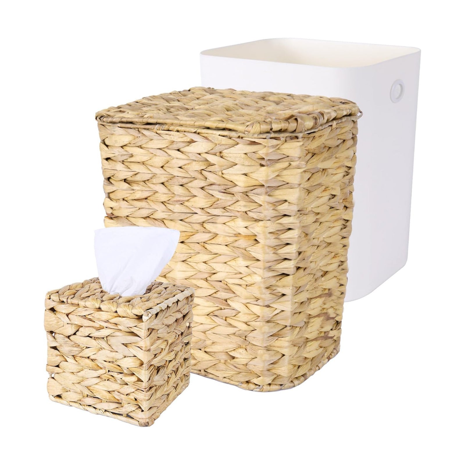 Wicker Trash Can and Handwoven Tissue Box Cover Set Rattan Waste Basket
