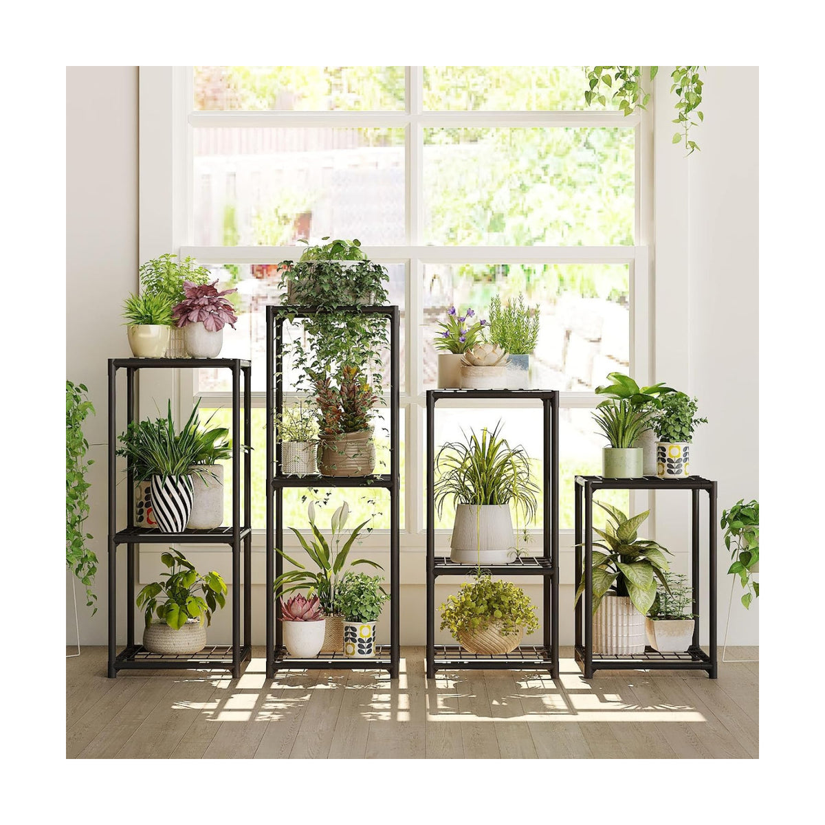Bamworld Plant Stands Indoor 4 Sets Plant Shelves Outdoor | Metal Plant Holder for Multiple Plants Flower Stands for