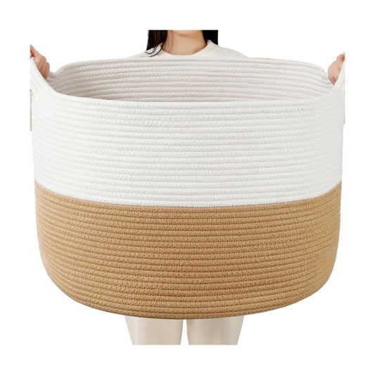 Collapsible Handle Cotton Rope Soft Woven Fabric Storage Organizer Clothes / White & Camel / 65L
