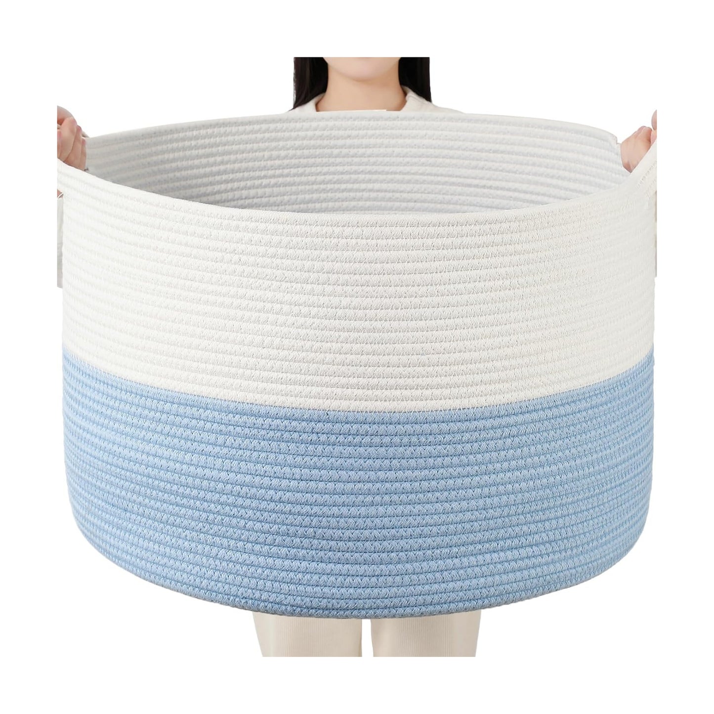 Collapsible Handle Cotton Rope Soft Woven Fabric Storage Organizer Clothes Toys / White & Blue / 65L