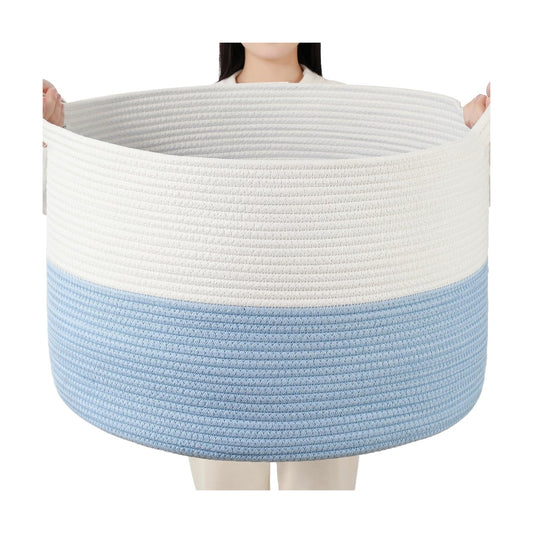 Collapsible Handle Cotton Rope Soft Woven Fabric Storage Organizer Clothes Toys / White & Blue / 65L