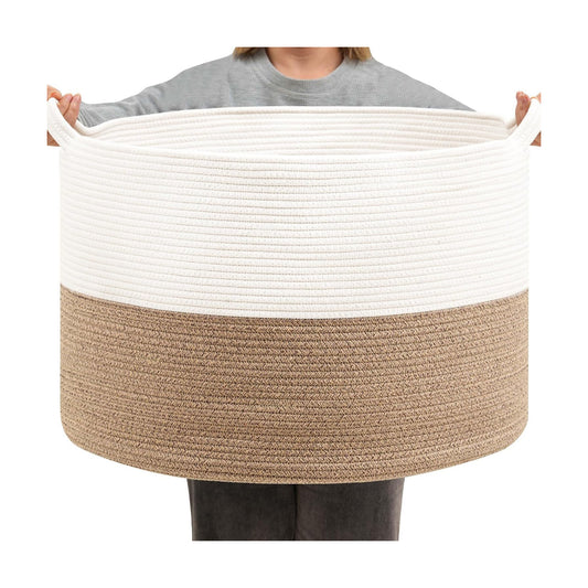 Collapsible Handle Cotton Rope Soft Woven Fabric Storage Organizer Clothes / White & Brown / 65L