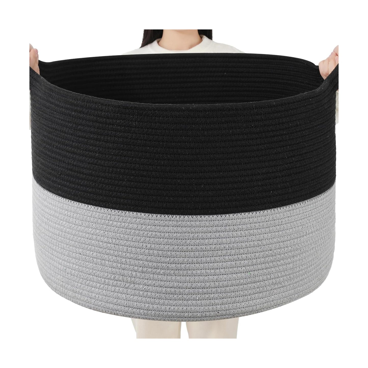 Collapsible Handle Cotton Rope Soft Woven Fabric Storage Organizer Clothes Toys / Black & Grey / 65L