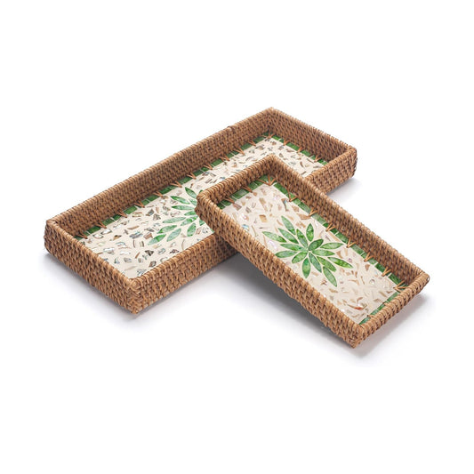 Rattan Bathroom Vanity Tray / Green Leaves / Set of 2