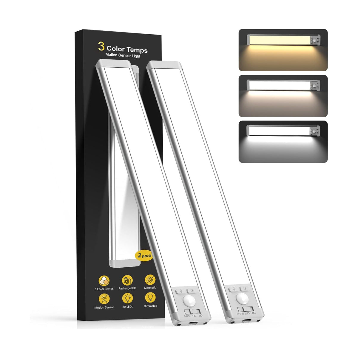 10inch Under Cabinet Lighting with 3 Color Temps, 2 Pack Rechargeable Motion Sensor Light Indoor, 5 Levels Dimmable