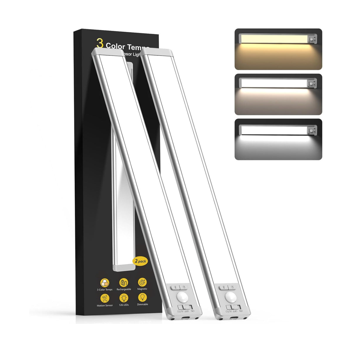 14.7inch Under Cabinet Lighting with 3 Color Temps, 2 Pack Rechargeable Motion Sensor Light Indoor, 5 Levels Dimmable