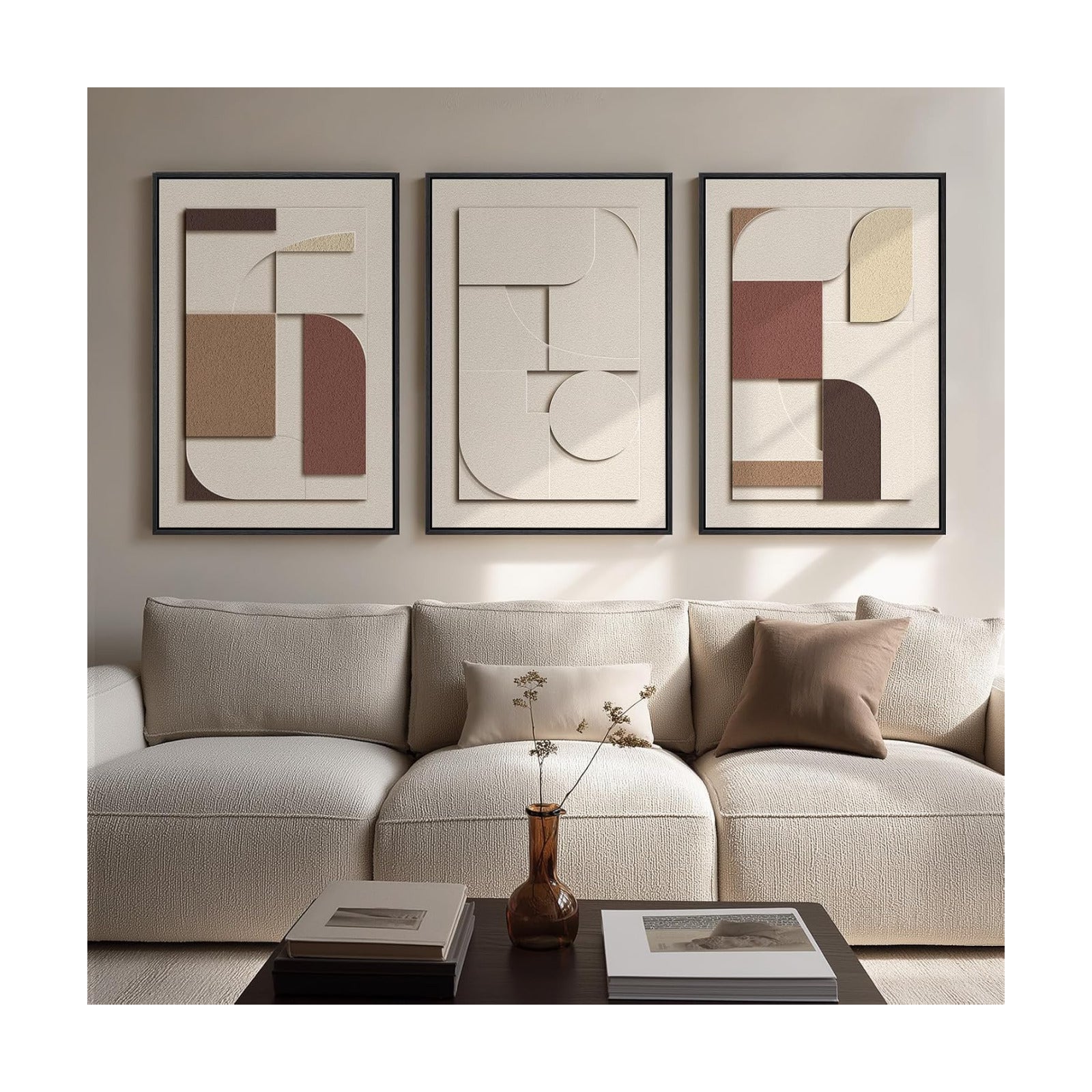 Large 3D Textured Neutral Abstract Framed Wall Art for Living Room, 3 Piece