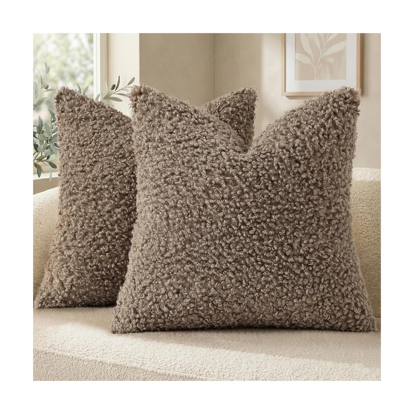 Faux Fur Decorative Sherpa Pillow Covers Fuzzy Accent Soft / Khaki / 18 x 18 / Set of 2