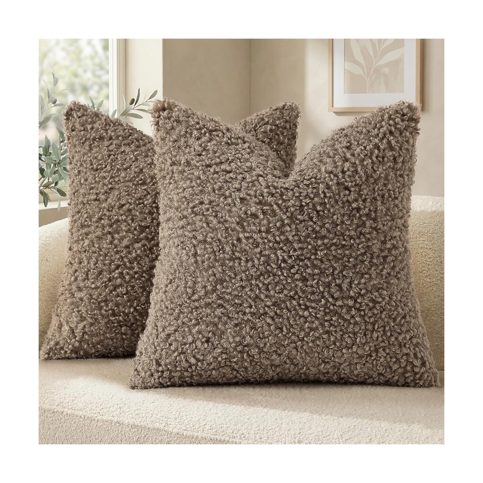 Faux Fur Decorative Sherpa Pillow Covers Fuzzy Accent Soft / Khaki / 18 x 18 / Set of 2