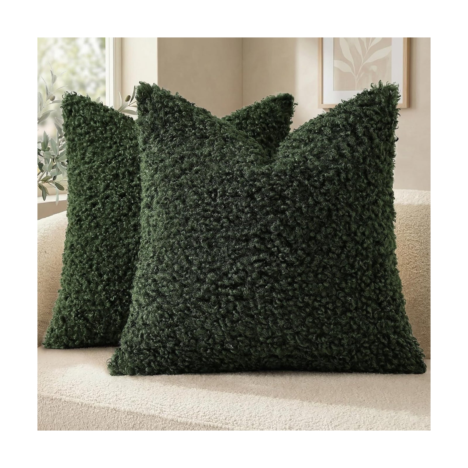 Faux Fur Decorative Sherpa Pillow Covers Fuzzy Accent Soft / Olive Green / 20 x 20 / Set of 2