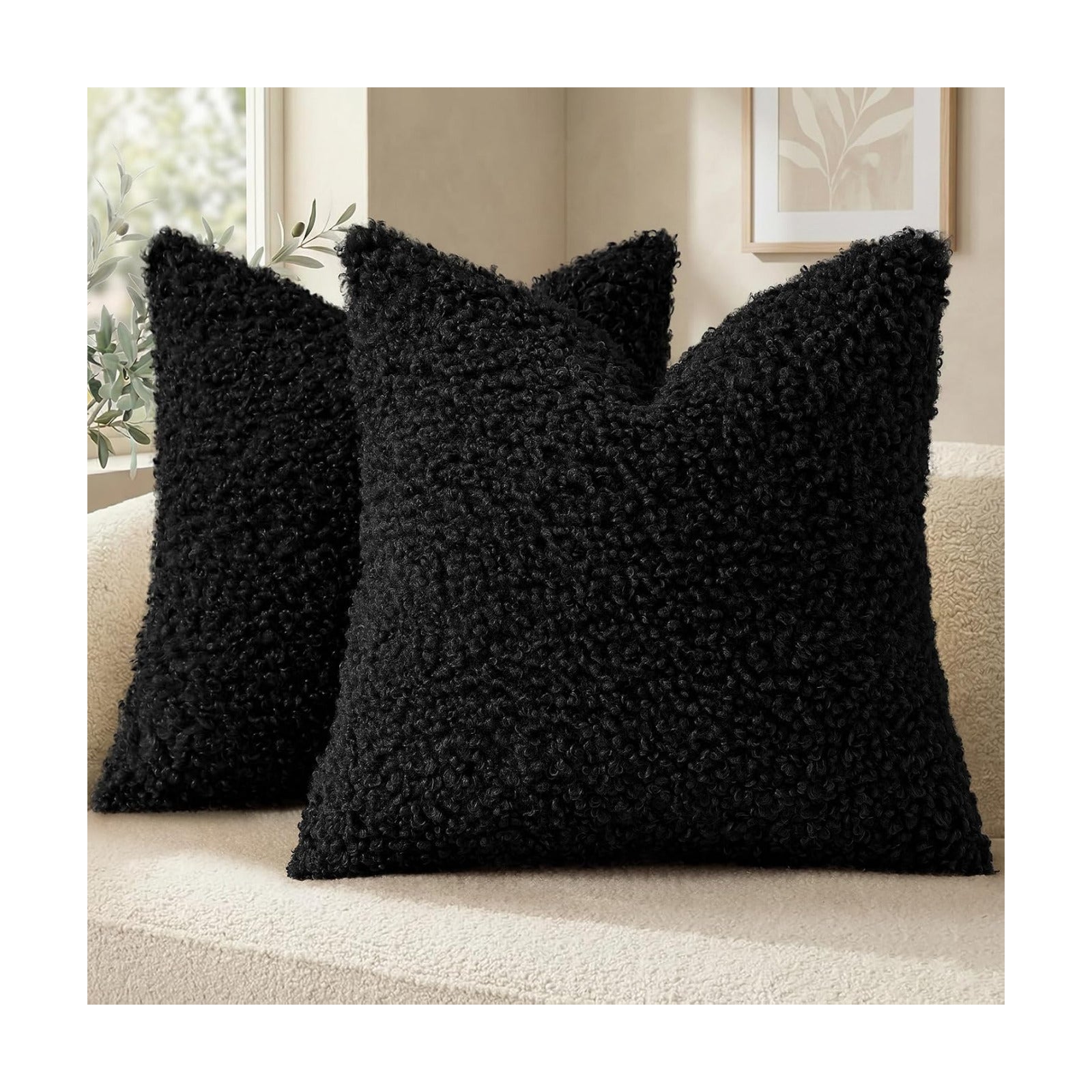 Faux Fur Decorative Sherpa Pillow Covers Fuzzy Accent Soft / Black / 22 x 22 / Set of 2