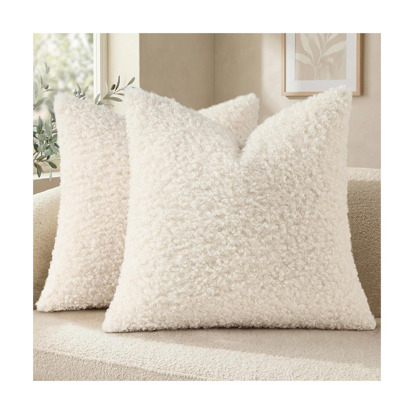 Faux Fur Decorative Sherpa Pillow Covers Fuzzy Accent Soft / Cream / 18 x 18 / Set of 2