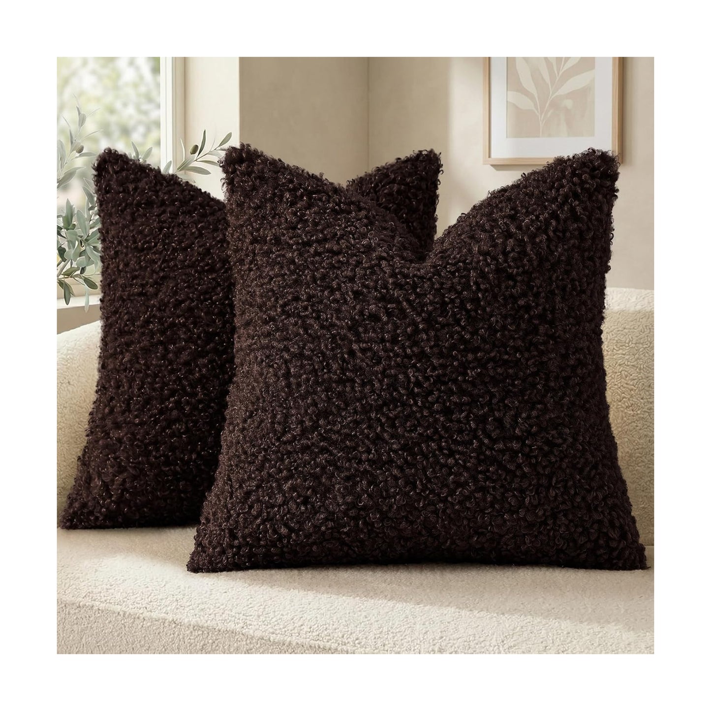 Faux Fur Decorative Sherpa Pillow Covers Fuzzy Accent Soft / Chocolate / 22 x 22 / Set of 2