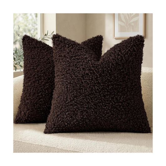 Faux Fur Decorative Sherpa Pillow Covers Fuzzy Accent Soft / Chocolate / 22 x 22 / Set of 2
