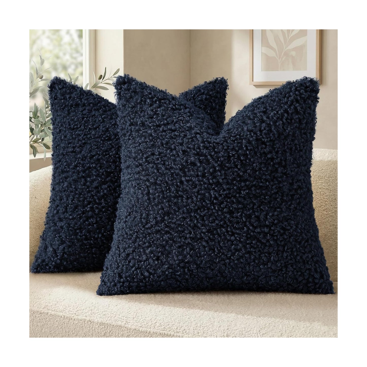 Faux Fur Decorative Sherpa Pillow Covers Fuzzy Accent Soft / Navy Blue / 18 x 18 / Set of 2