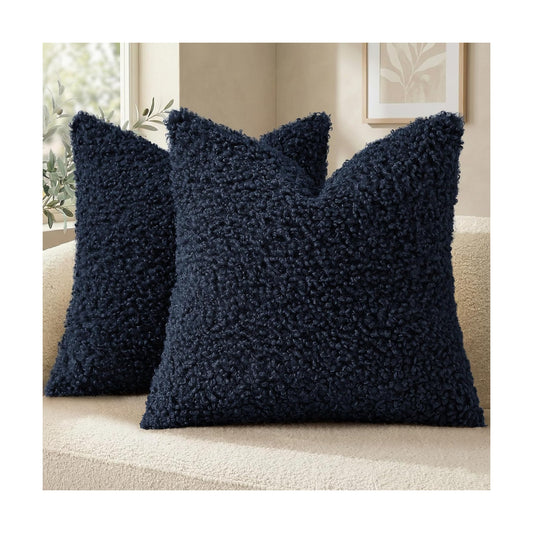 Faux Fur Decorative Sherpa Pillow Covers Fuzzy Accent Soft / Navy Blue / 18 x 18 / Set of 2