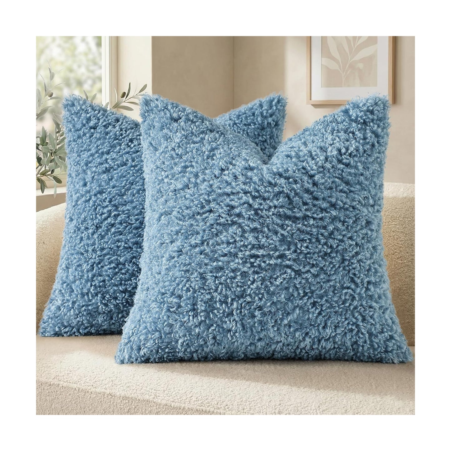 Faux Fur Decorative Sherpa Pillow Covers Fuzzy Accent Soft / Light Blue / 18 x 18 / Set of 2