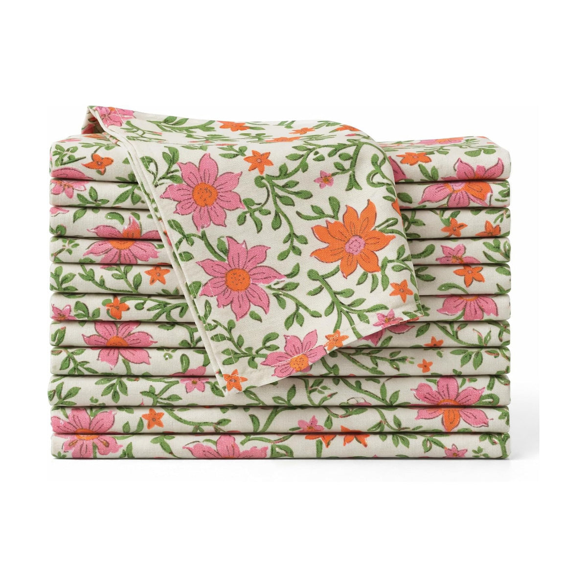 Floral Cloth Napkins Set of 12, 100% Cotton Reusable Dinner Napkins, Block Print Inspired, 18 x 18 Inch Table & Kitchen