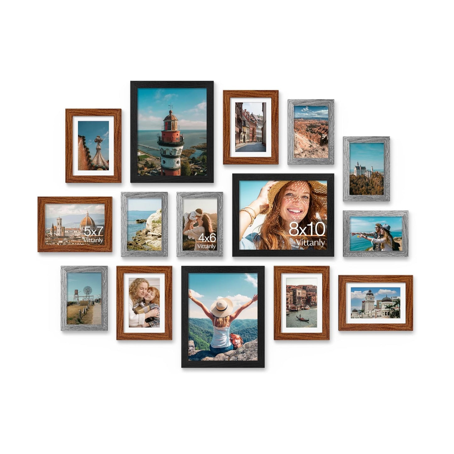 Vittanly 15 Pack Gallery Wall Frame Set, Black, Walnut Brown, Grey