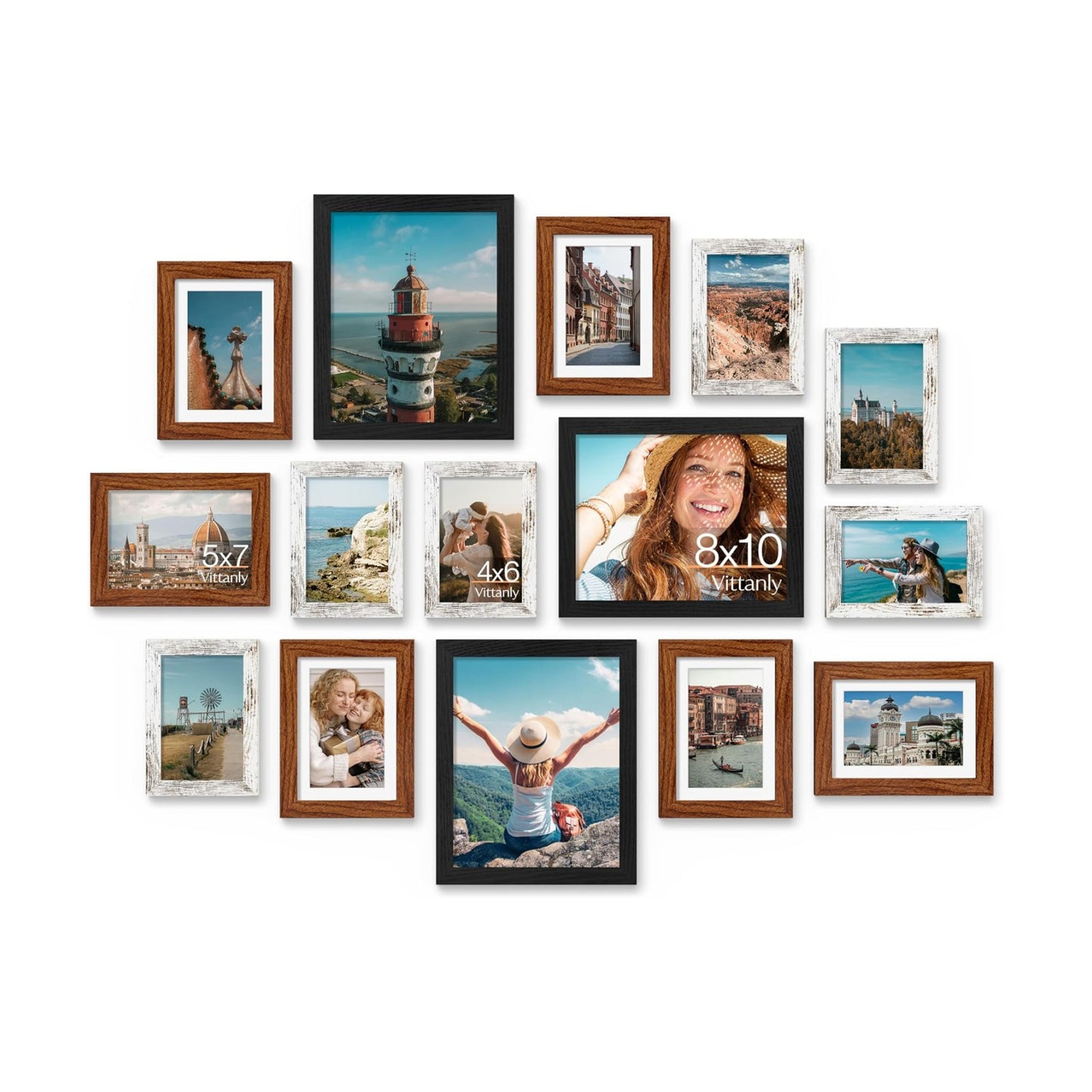 Vittanly 15 Pack Picture Frame Set, Black, Walnut Brown, Distressed White