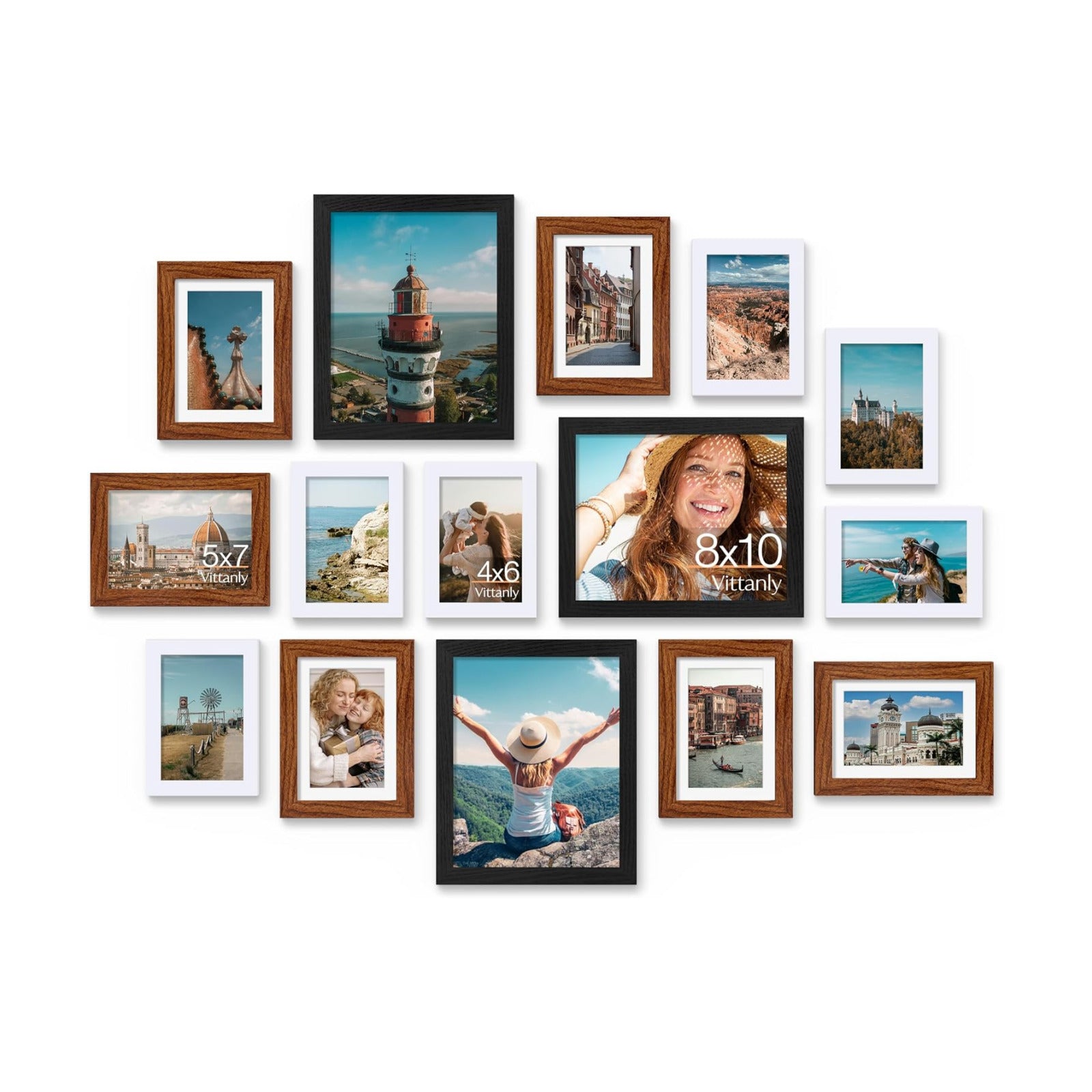 Vittanly 15 Pack Gallery Wall Frame Set, Black, Walnut Brown, White