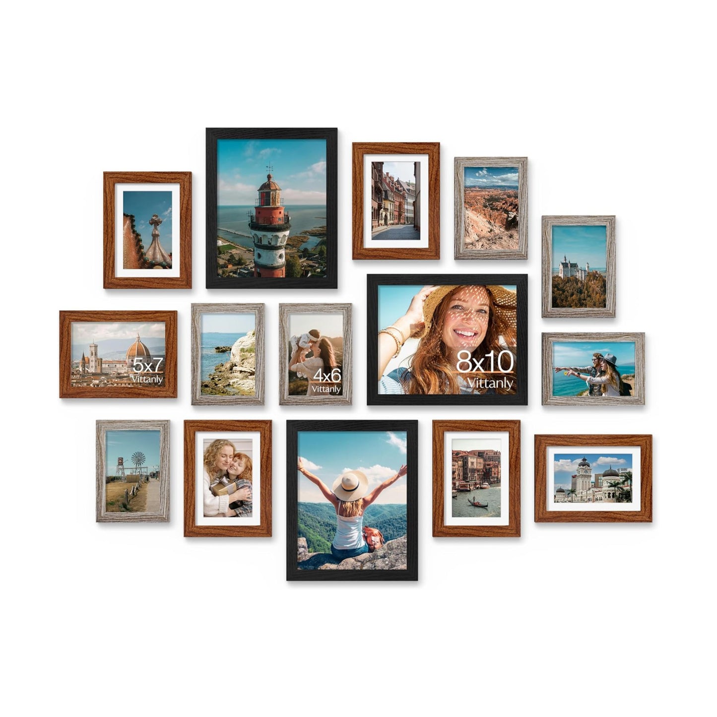Vittanly 15 Pack Gallery Wall Frame Set, Black, Walnut Brown, Dark Grey