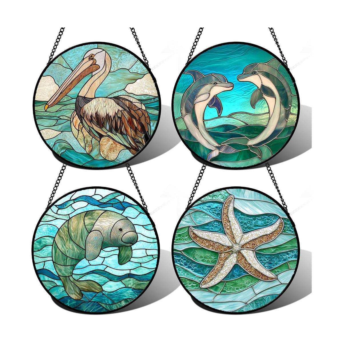 DASTOLL Stained Glass Window Hanging 4 Pcs Set Cyan Ocean Life Theme Large 11.8" - Sea Starfish Suncatcher Door Garden Sun Catcher Decor Birthday for Mom Woman Nana Men Friend