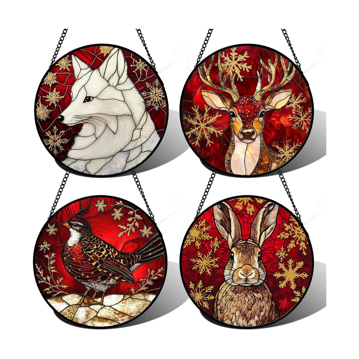 DASTOLL Stained Glass Window Hanging 4 Pcs Set Red Golden Snowflakes Large 15" - Christmas Elk Rabbit Suncatcher Door Garden Sun Catcher Decor Birthday for Mom Woman Nana Men