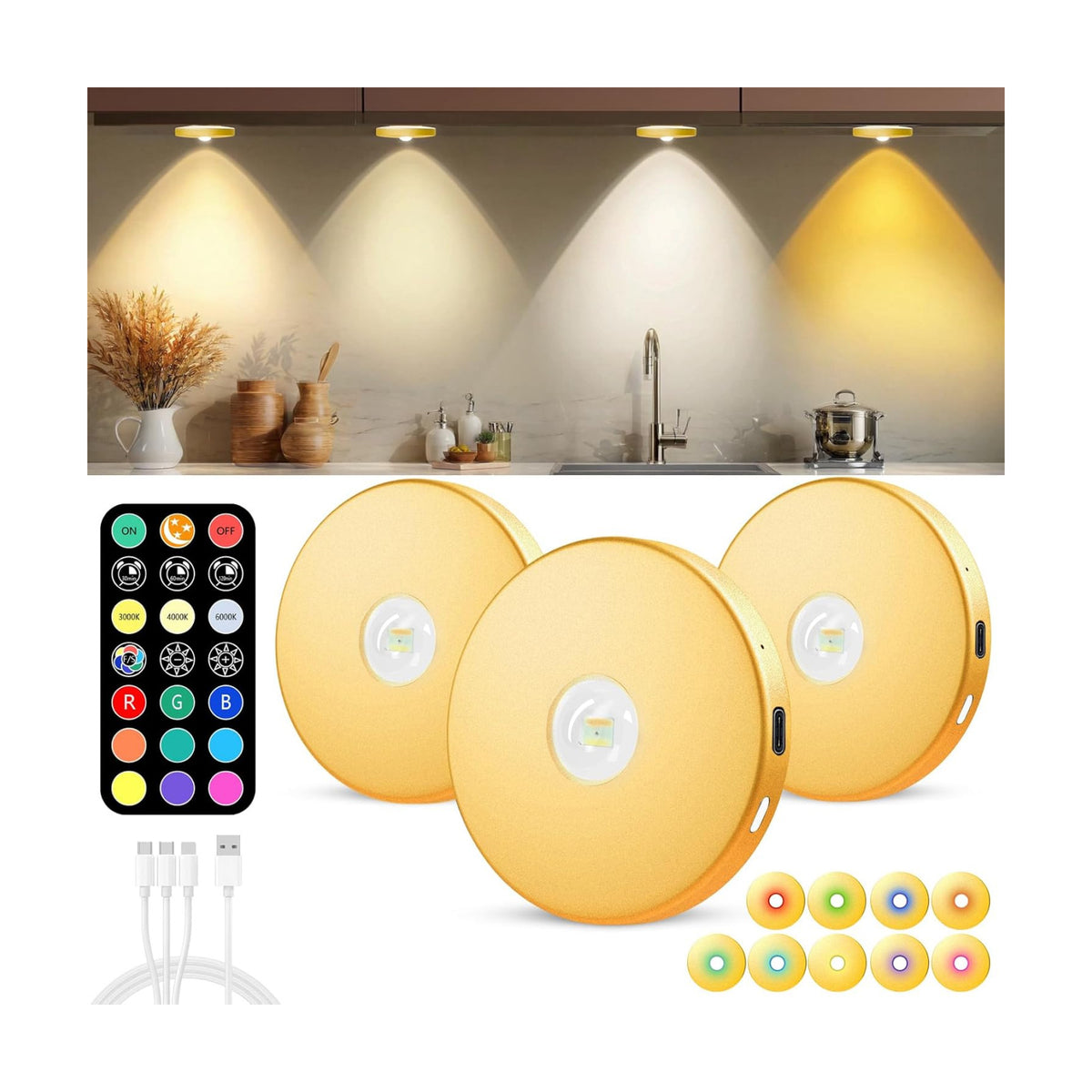 LED Puck Lights with Remote, 2000mAH Battery Operated, Rechargeable Shelf Light, Wireless,Color Changing Magnetic