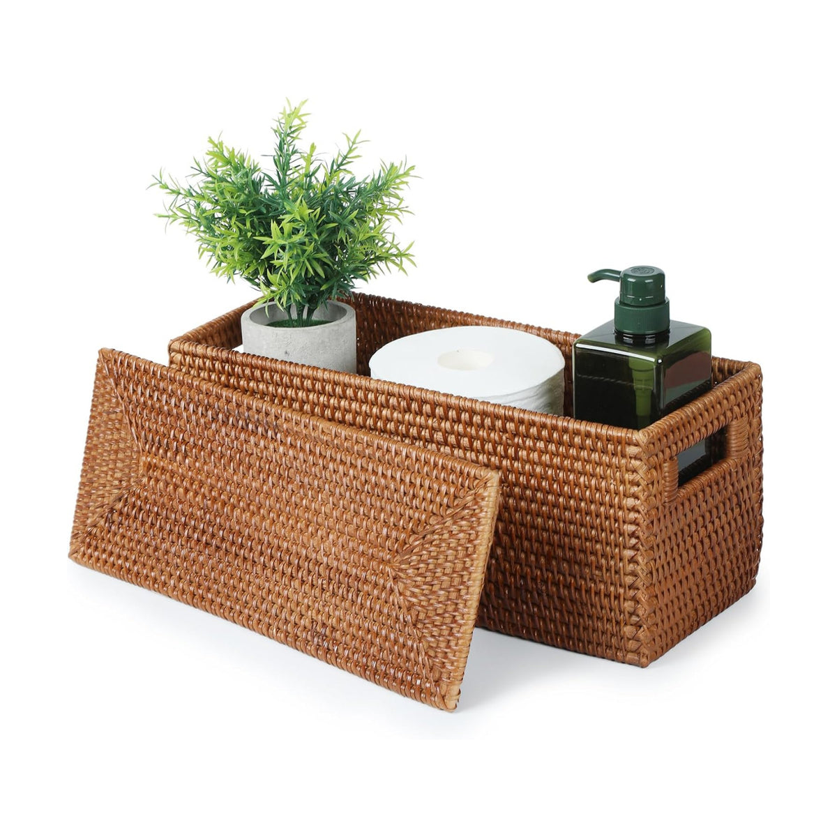 YANGQIHOME Toilet Paper Basket, Rattan Toilet Tank Basket for Bathroom, Wicker Baskets with Lid for Storage, Brown