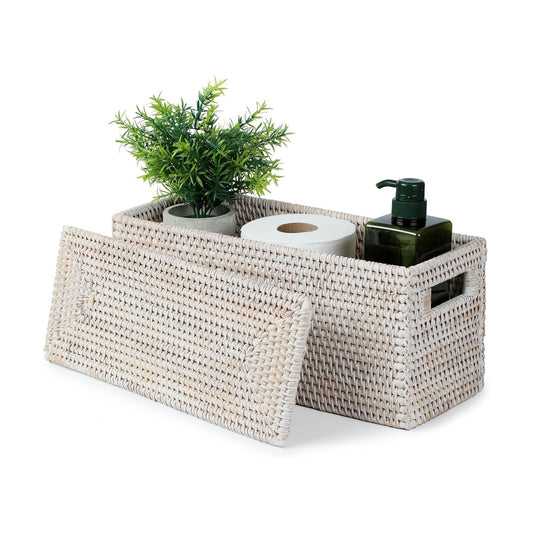 YANGQIHOME Toilet Paper Basket, Rattan Toilet Tank Basket for Bathroom, Wicker Baskets with Lid for Storage, Whitewash