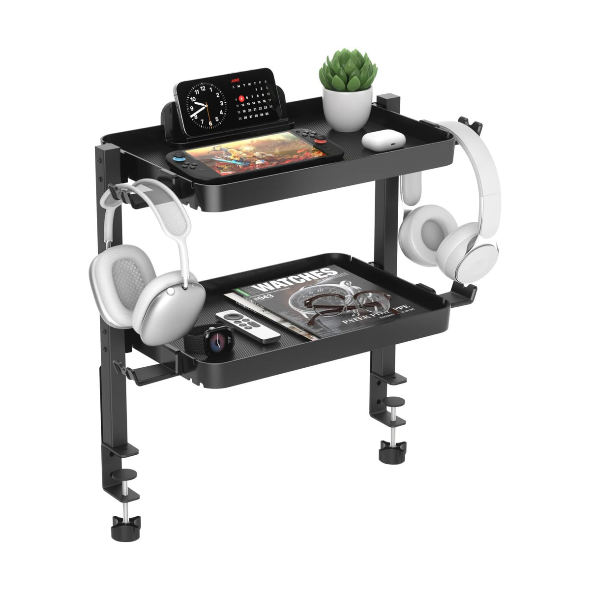 KDD Clamp On Desk Organizer - Adjustable 2-Tier Above or Under Desk Shelves with Large Capacity Tray, Phone & Tablet