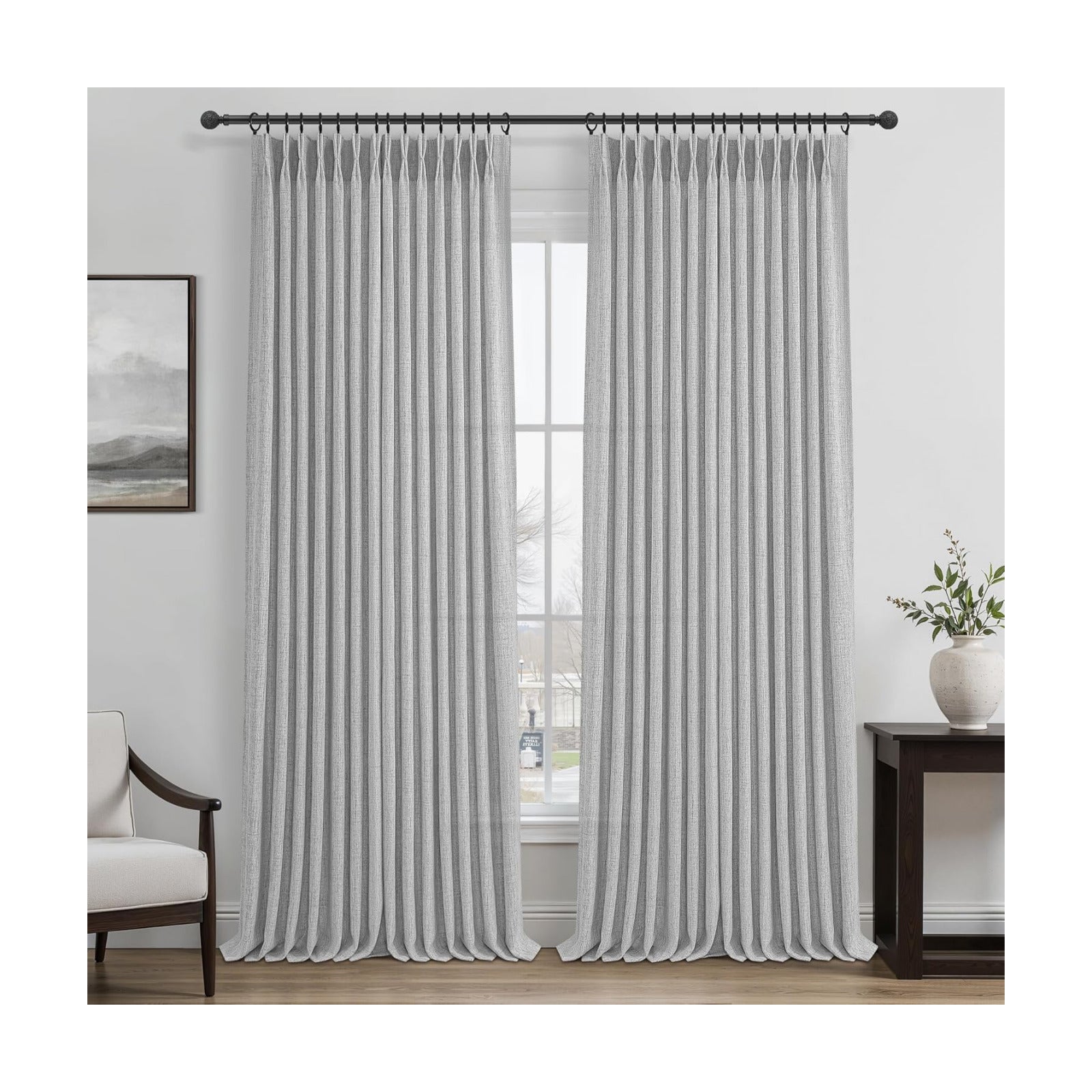 PleatedDrapes Light Grey Pinch Pleat Curtains 105 Inches Extra Long for Room Divider, Memory Shape Semi Sheer Natural